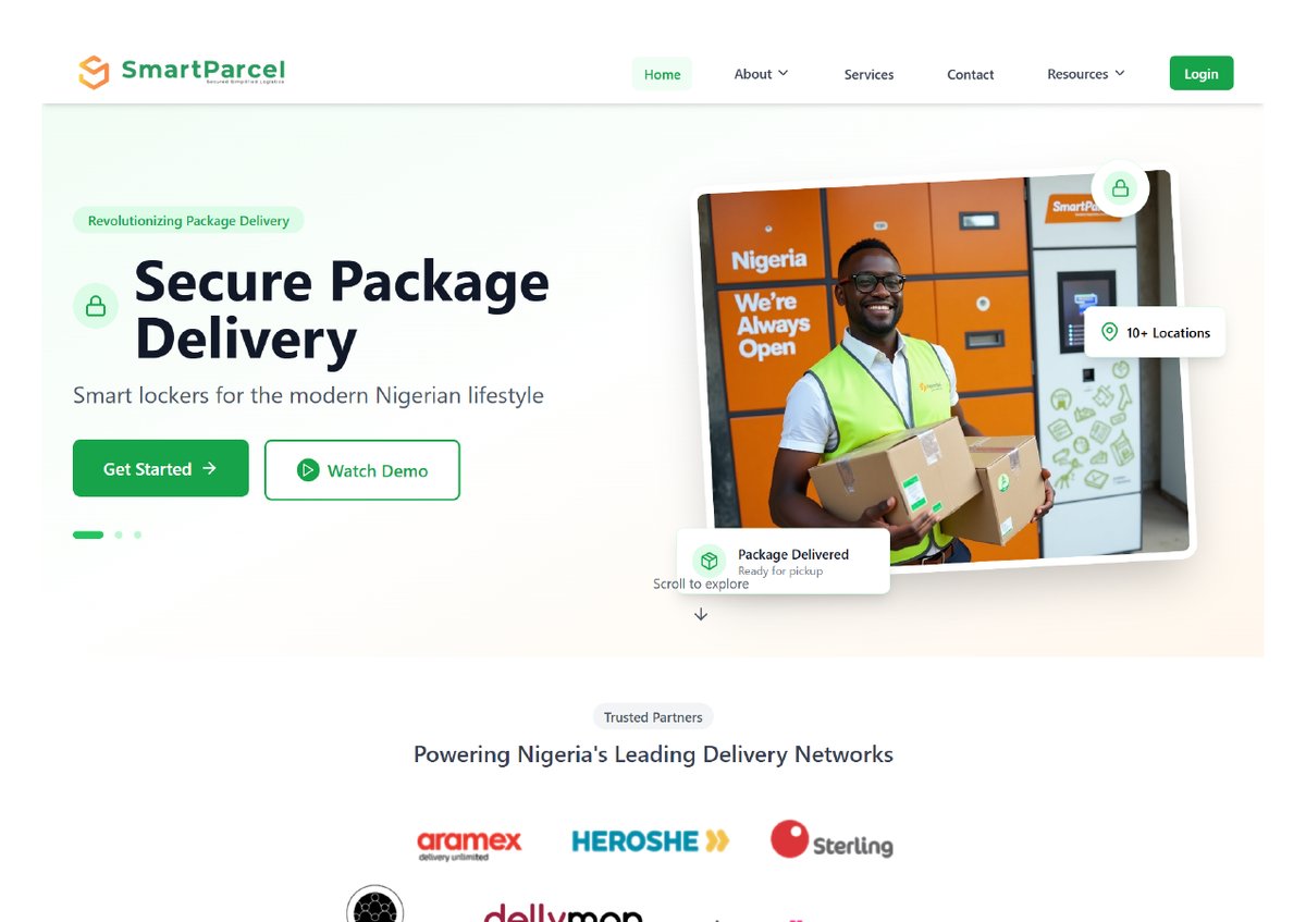 SmartParcel homepage showing SmartLocker product and partner logos
